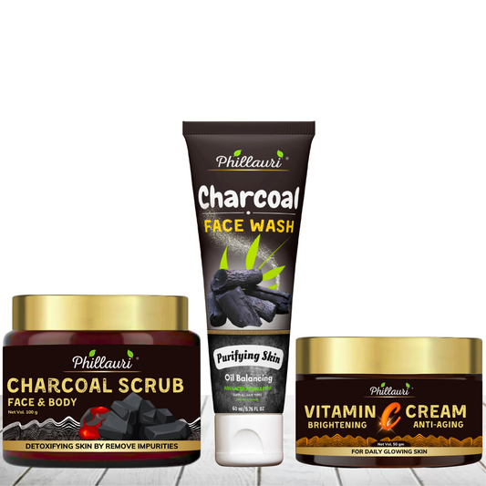 Phillauri Charcoal scrub, Face Wash, Face Cream Skin And Body Combo Kit, 100gm+60ml+50gm