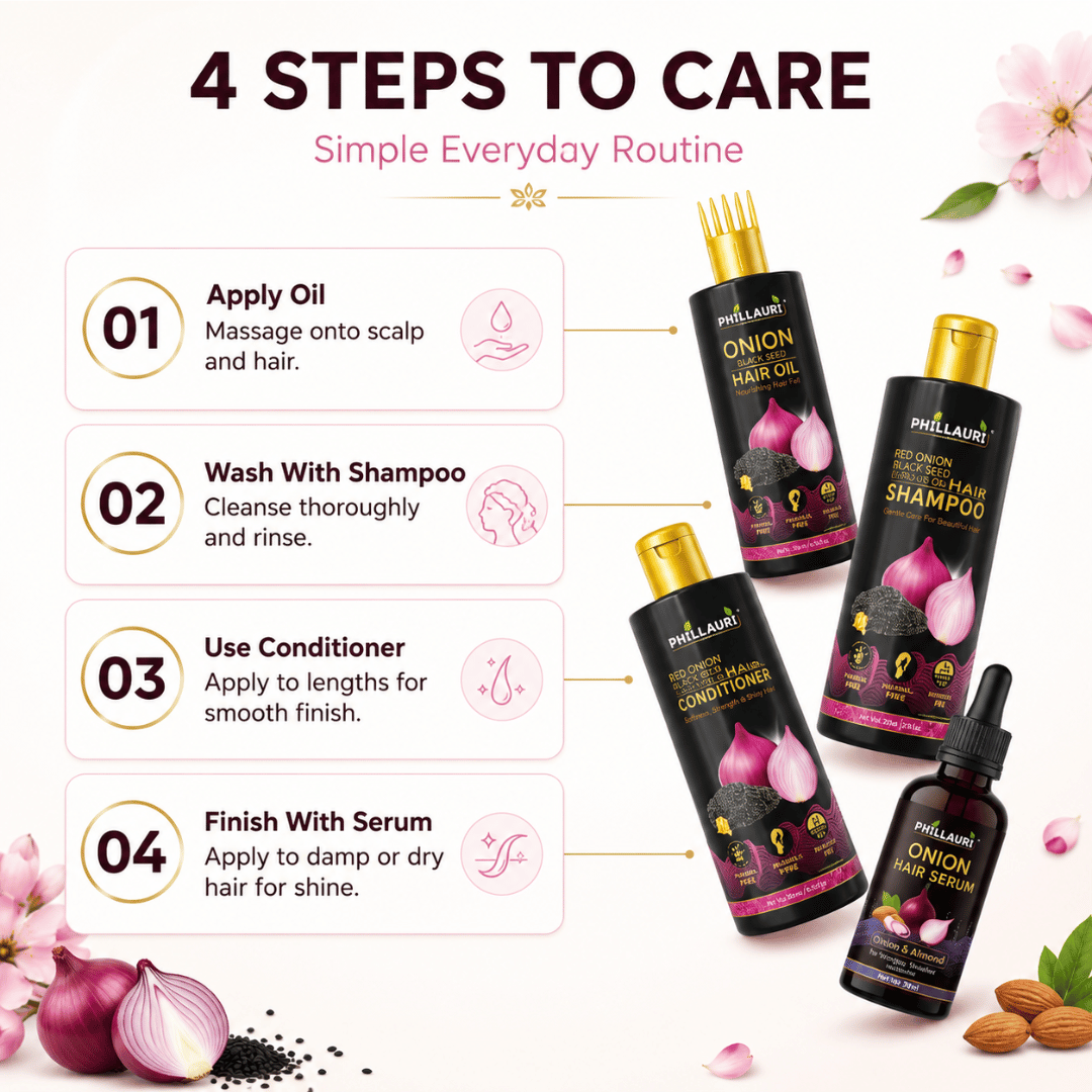 Phillauri Red Onion 4-Step Complete Hair Care System – Hair Oil, Shampoo, Conditioner & Serum