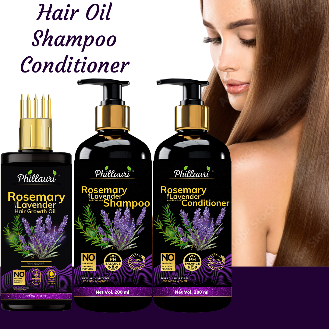 Phillauri Rosemary Lavender Hair Oil, Shampoo, Conditioner, 100ml+200ml+200ml