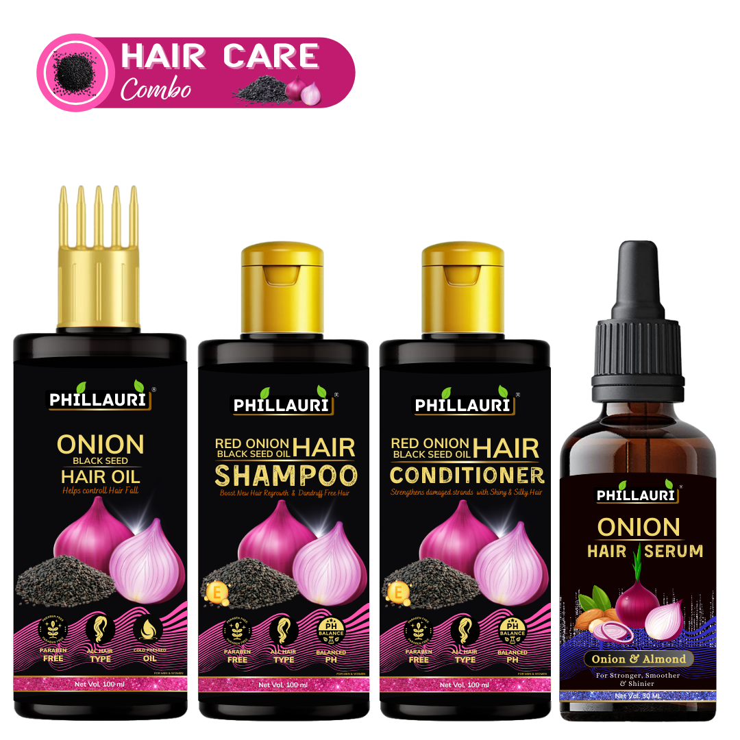 Phillauri Onion Black Seed Hair Oil, Shampoo, Conditioner and Serum Combo ,100 ml +100 ml + 100ml + 30 ml