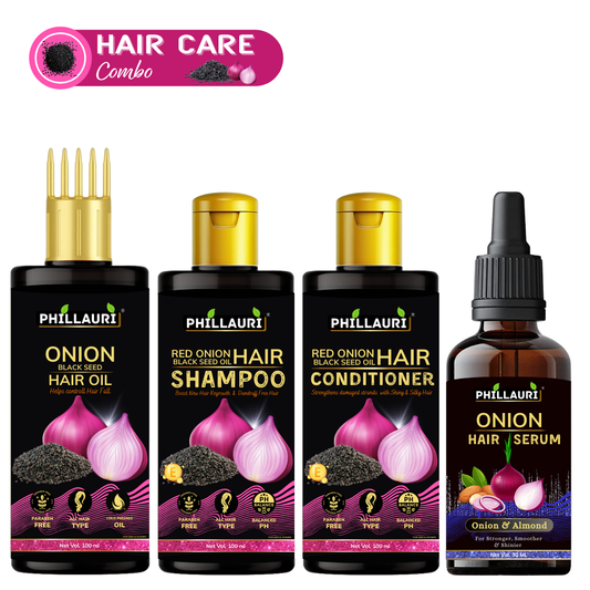 Phillauri Onion Black Seed Hair Oil, Shampoo, Conditioner and Serum Combo ,100 ml +100 ml + 100ml + 30 ml