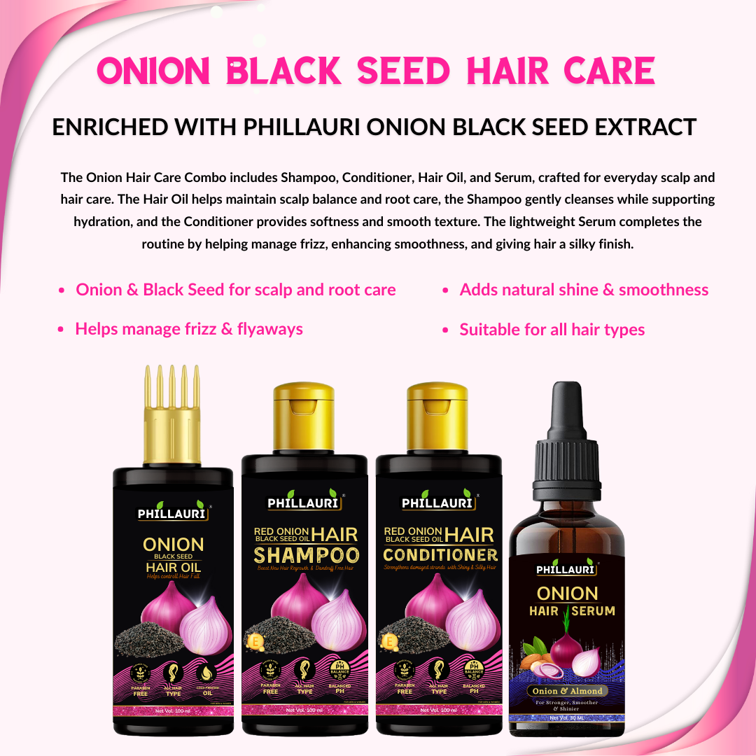 Phillauri Onion Black Seed Hair Oil, Shampoo, Conditioner and Serum Combo ,100 ml +100 ml + 100ml + 30 ml
