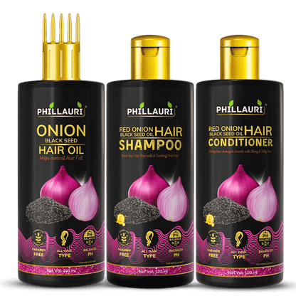Phillauri Red Onion with Black Seed Oil Hair Oil, Shampoo & Conditioner Combo