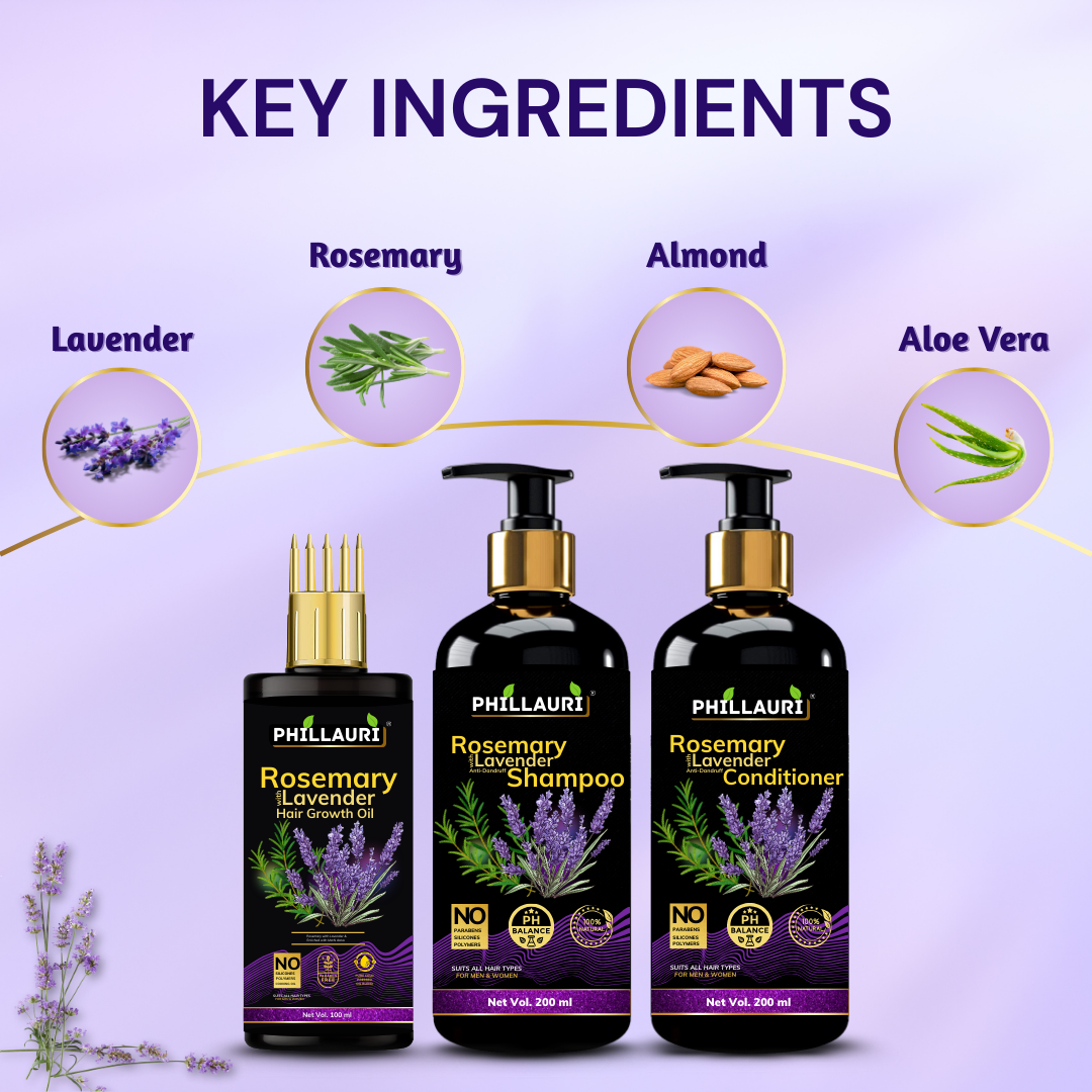 Phillauri Rosemary Lavender Hair Oil, Shampoo, Conditioner, 100ml+200ml+200ml