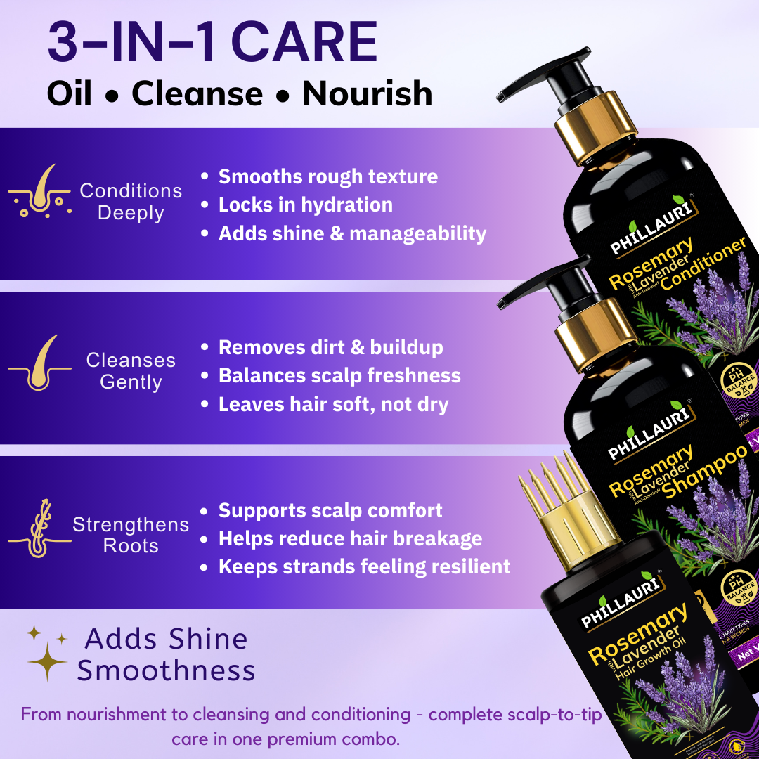Phillauri Rosemary Lavender Hair Oil, Shampoo, Conditioner, 100ml+200ml+200ml