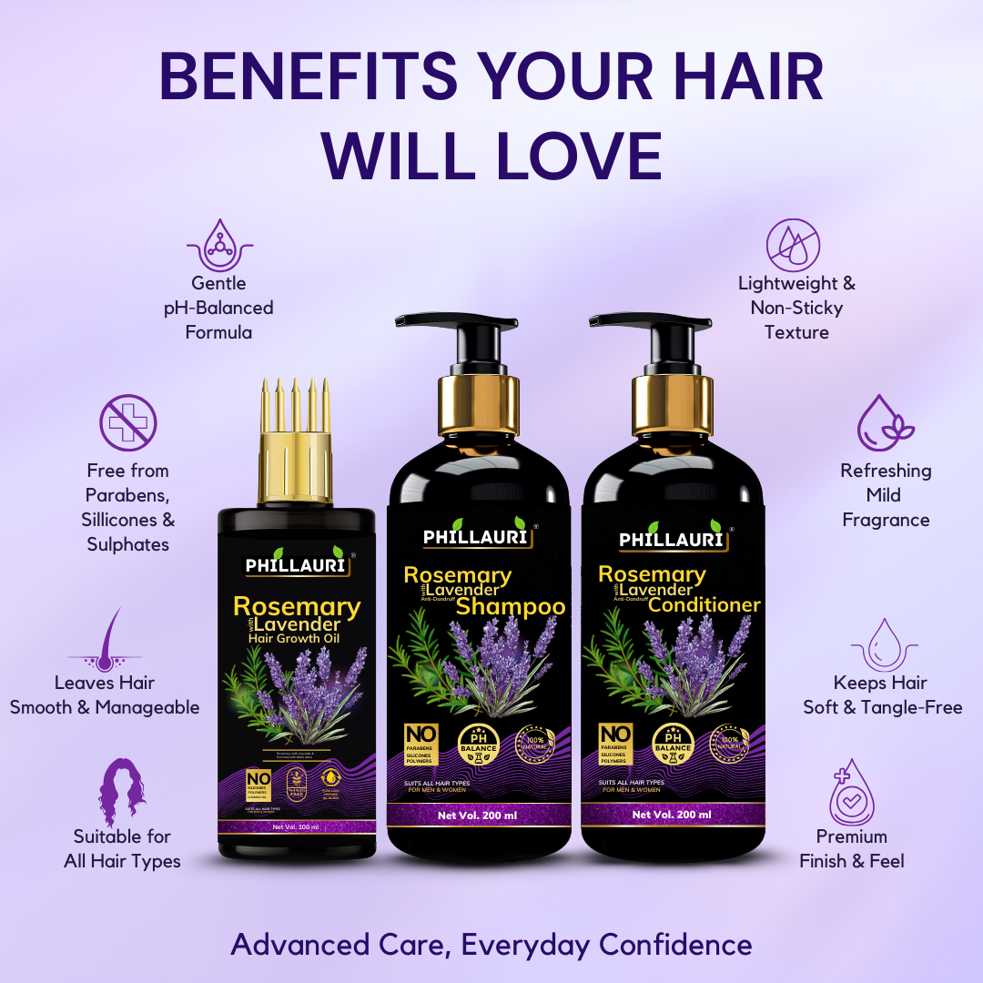 Phillauri Rosemary Lavender Hair Oil, Shampoo, Conditioner, 100ml+200ml+200ml