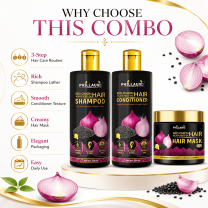 Phillauri Red Onion Black Seed Oil Shampoo, Conditioner & Hair Mask Combo