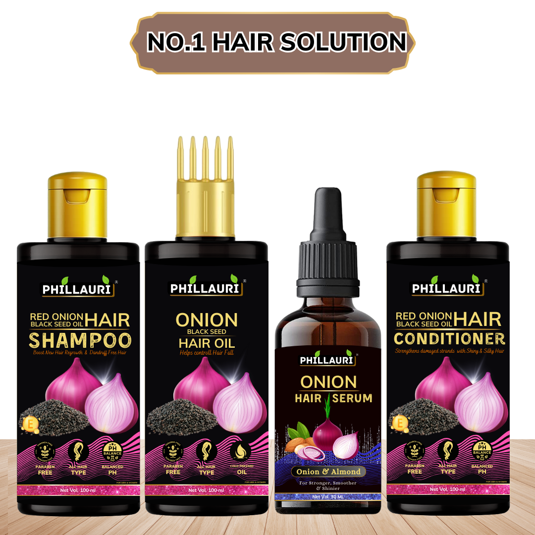 Phillauri Onion Black Seed Hair Oil, Shampoo, Conditioner and Serum Combo ,100 ml +100 ml + 100ml + 30 ml