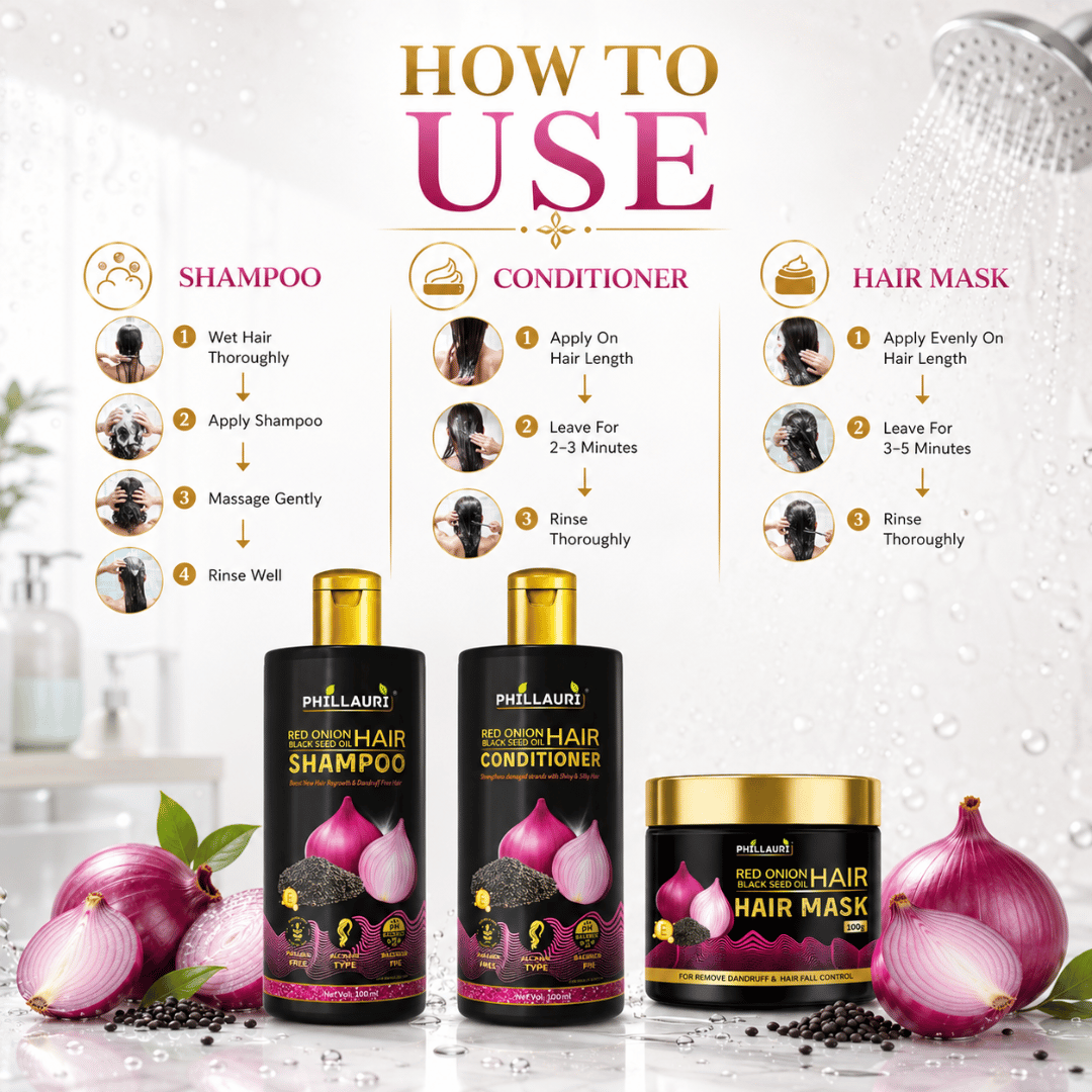 Phillauri Red Onion Black Seed Oil Shampoo, Conditioner & Hair Mask Combo