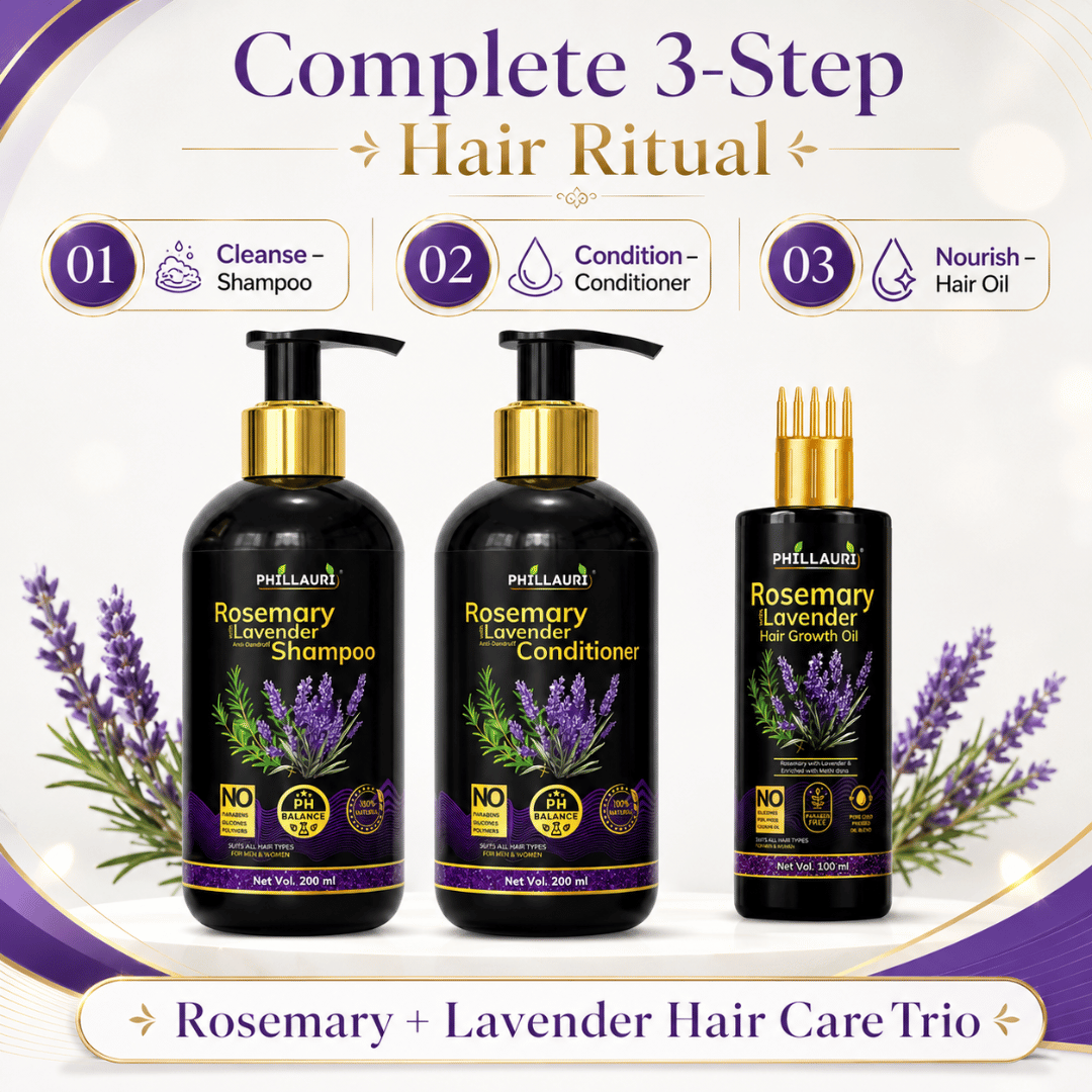 Phillauri Rosemary with Lavender Complete 3-Step Hair Care Trio – Shampoo (200ml), Conditioner (200ml) & Hair Growth Oil (100ml)