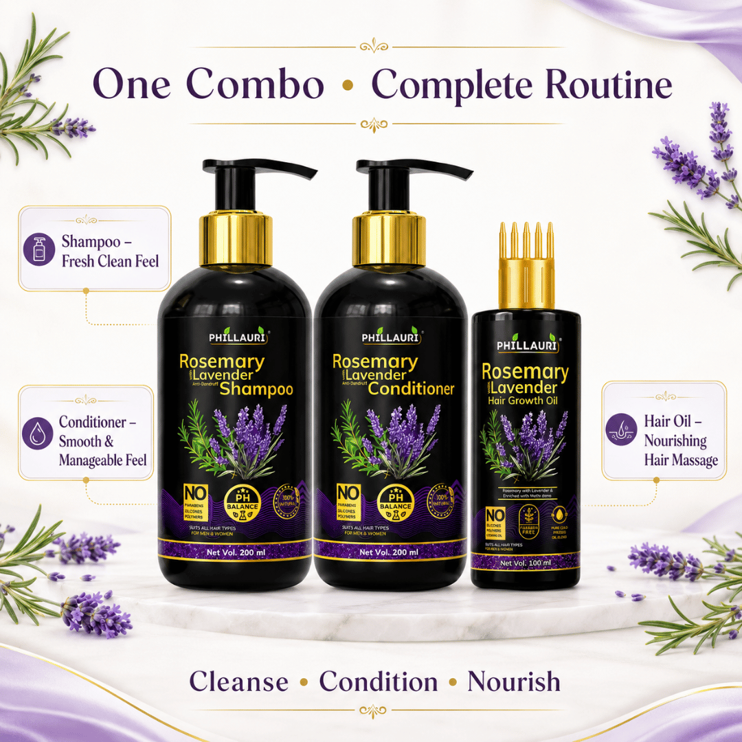 Phillauri Rosemary with Lavender Complete 3-Step Hair Care Trio – Shampoo (200ml), Conditioner (200ml) & Hair Growth Oil (100ml)