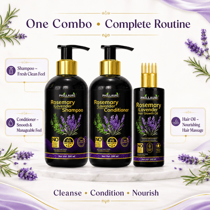 Phillauri Rosemary with Lavender Complete 3-Step Hair Care Trio – Shampoo (200ml), Conditioner (200ml) & Hair Growth Oil (100ml)