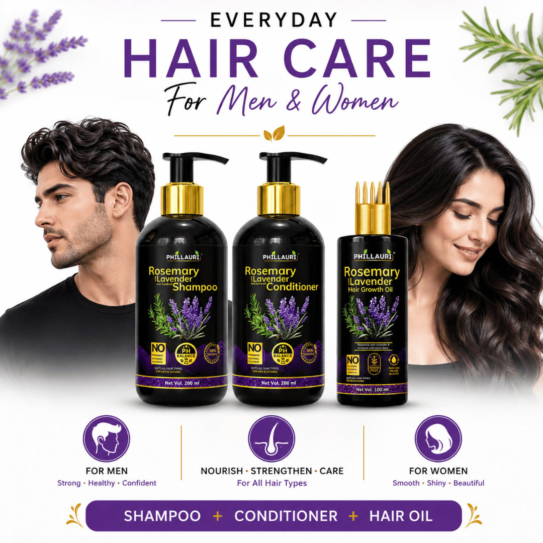 Phillauri Rosemary with Lavender Complete 3-Step Hair Care Trio – Shampoo (200ml), Conditioner (200ml) & Hair Growth Oil (100ml)