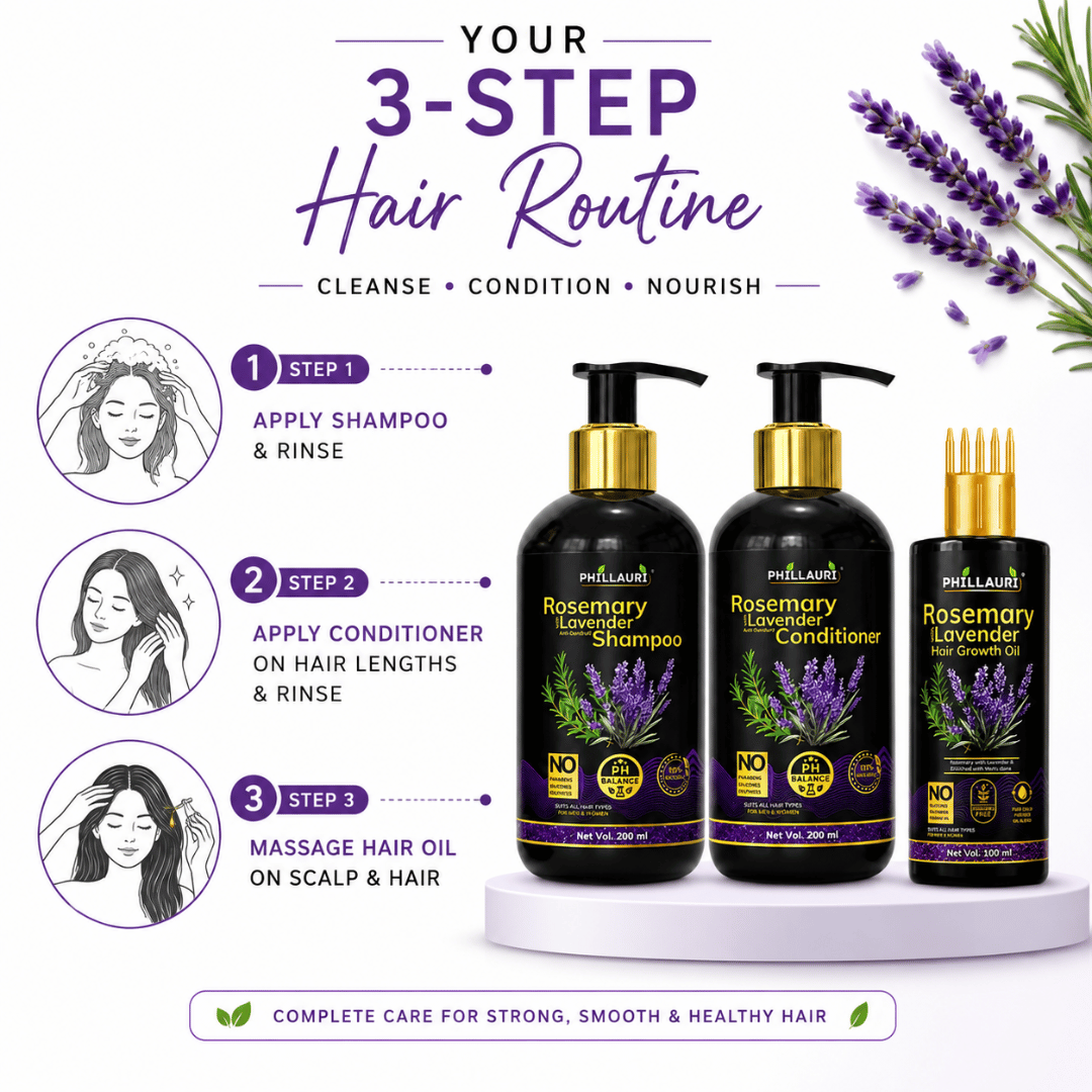 Phillauri Rosemary with Lavender Complete 3-Step Hair Care Trio – Shampoo (200ml), Conditioner (200ml) & Hair Growth Oil (100ml)