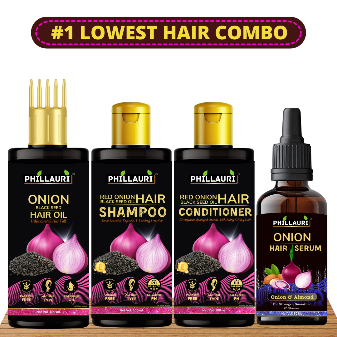 Phillauri Onion Black Seed Hair Oil, Shampoo, Conditioner and Serum Combo ,100 ml +100 ml + 100ml + 30 ml