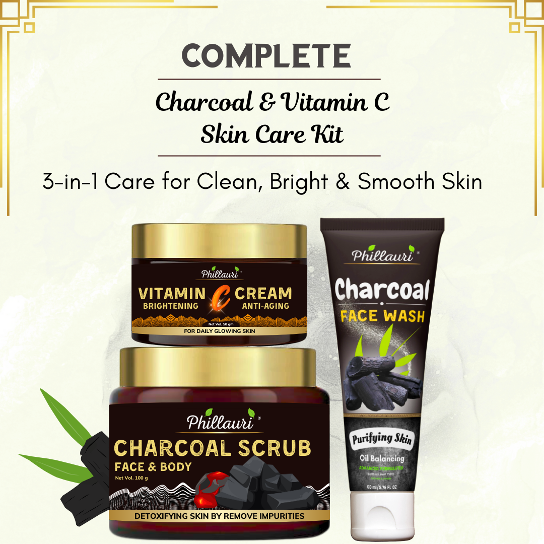 Phillauri Charcoal scrub, Face Wash, Face Cream Skin And Body Combo Kit, 100gm+60ml+50gm
