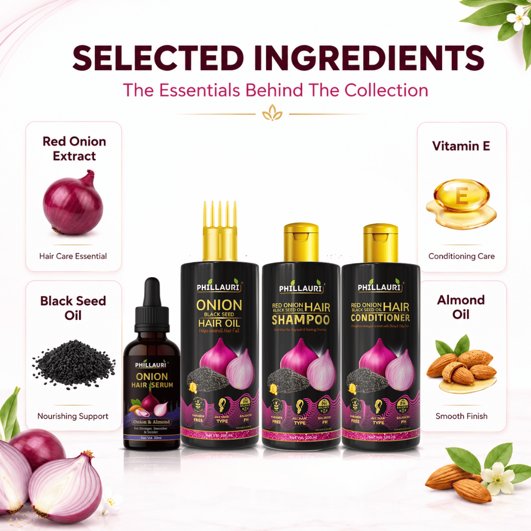 Phillauri Red Onion 4-Step Complete Hair Care System – Hair Oil, Shampoo, Conditioner & Serum