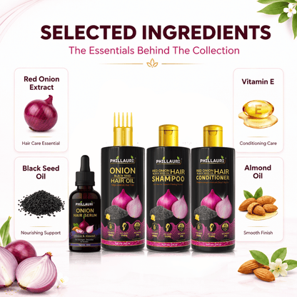 Phillauri Red Onion 4-Step Complete Hair Care System – Hair Oil, Shampoo, Conditioner & Serum