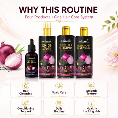 Phillauri Red Onion 4-Step Complete Hair Care System – Hair Oil, Shampoo, Conditioner & Serum