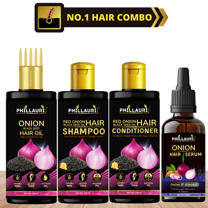 Phillauri Onion Black Seed Hair Oil, Shampoo, Conditioner and Serum Combo ,100 ml +100 ml + 100ml + 30 ml