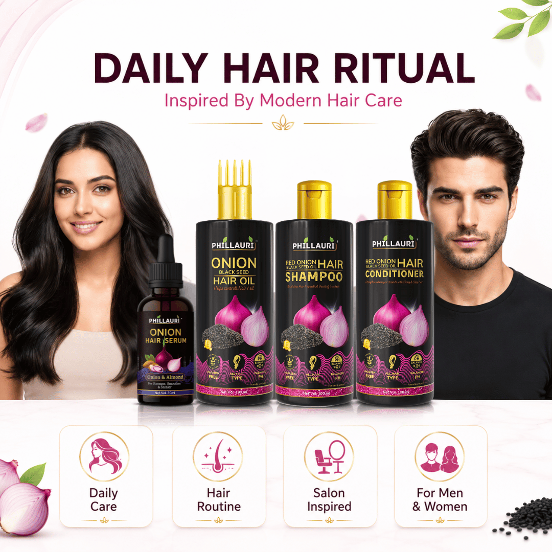 Phillauri Red Onion 4-Step Complete Hair Care System – Hair Oil, Shampoo, Conditioner & Serum