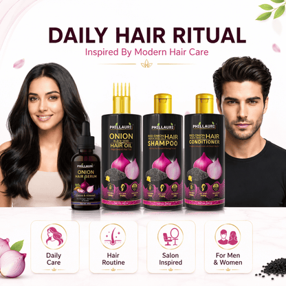 Phillauri Red Onion 4-Step Complete Hair Care System – Hair Oil, Shampoo, Conditioner & Serum