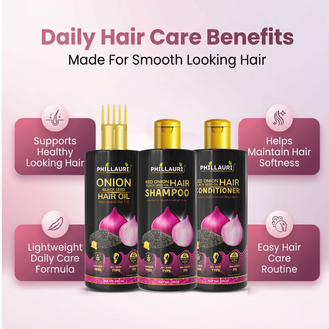 Phillauri Red Onion with Black Seed Oil Hair Oil, Shampoo & Conditioner Combo