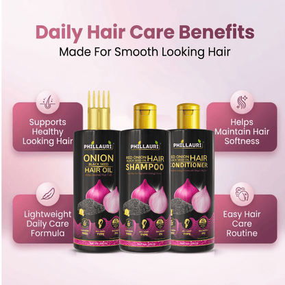 Phillauri Red Onion with Black Seed Oil Hair Oil, Shampoo & Conditioner Combo