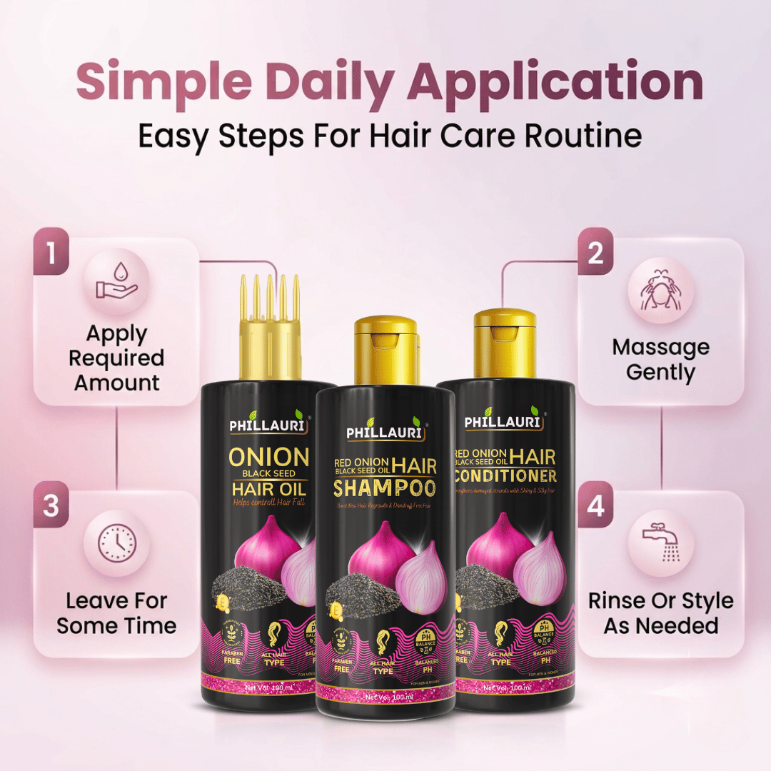 Phillauri Red Onion with Black Seed Oil Hair Oil, Shampoo & Conditioner Combo