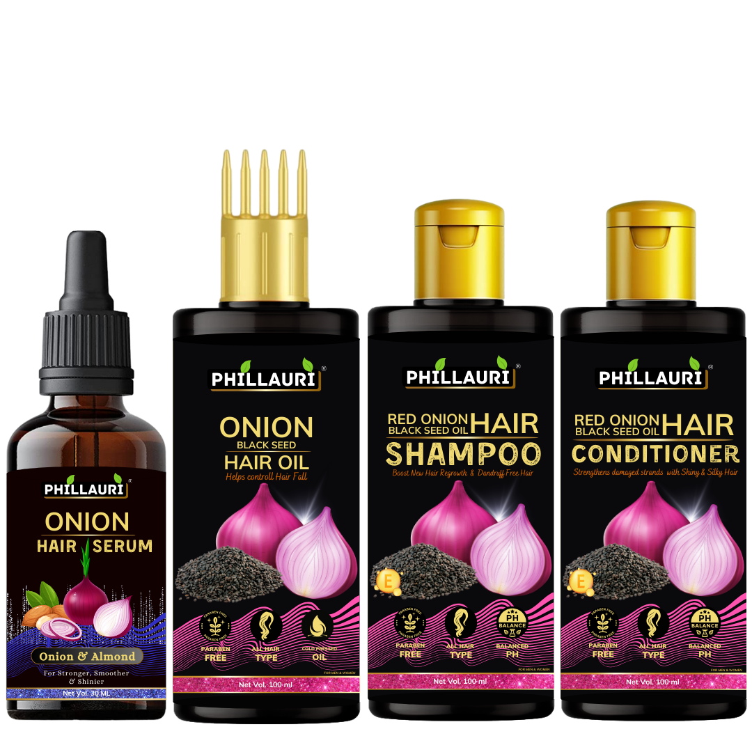 Phillauri Onion Black Seed Hair Oil, Shampoo, Conditioner and Serum Combo ,100 ml +100 ml + 100ml + 30 ml